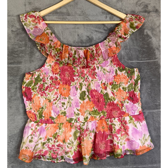 LC Lauren Conrad XXL Tank Top Smocked Peplum Pink Floral Vibrant Coquette Fairy - Picture 1 of 11